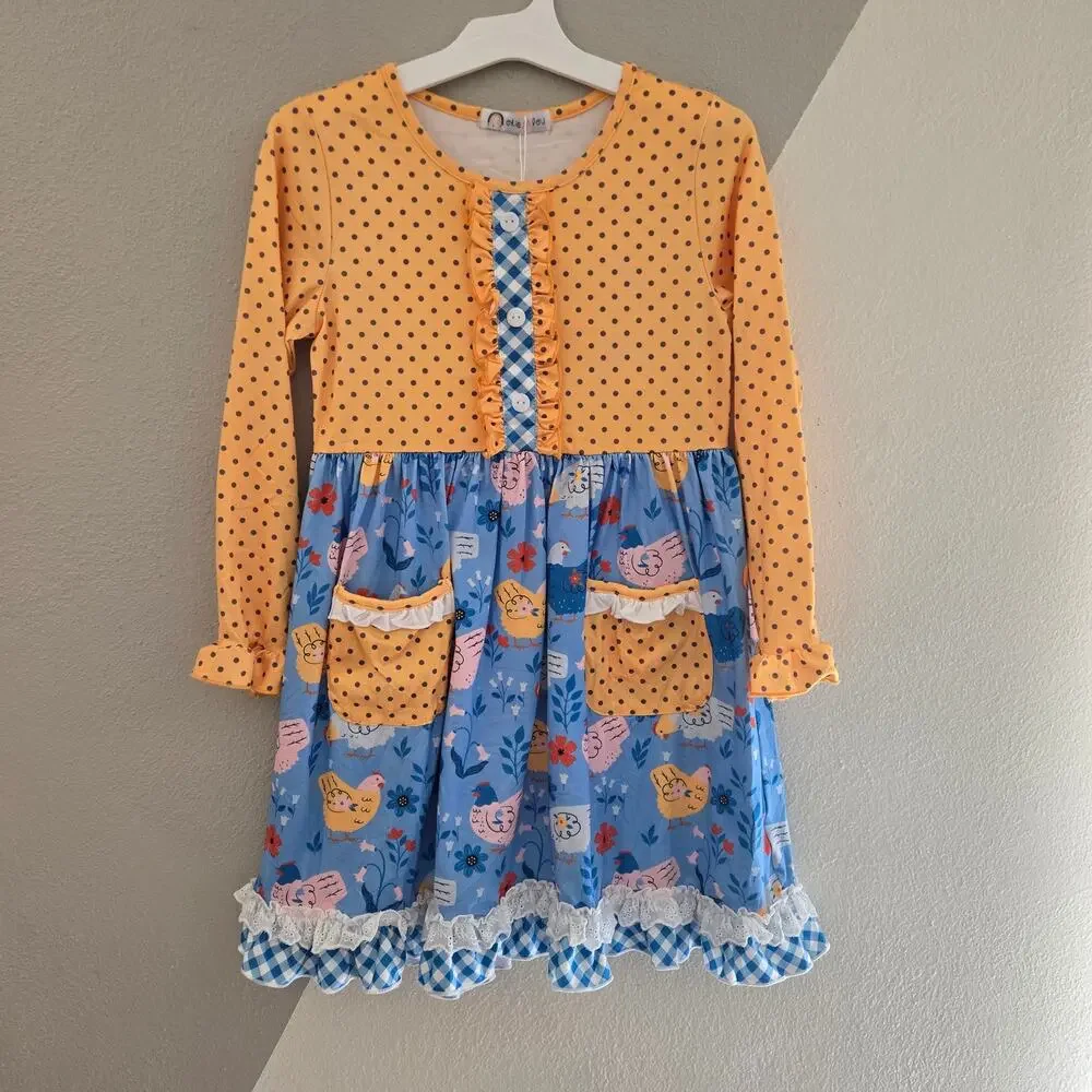 NWT Okie & Lou Yellow Dot Chicken Ruffle Dress 4XL Girls 8